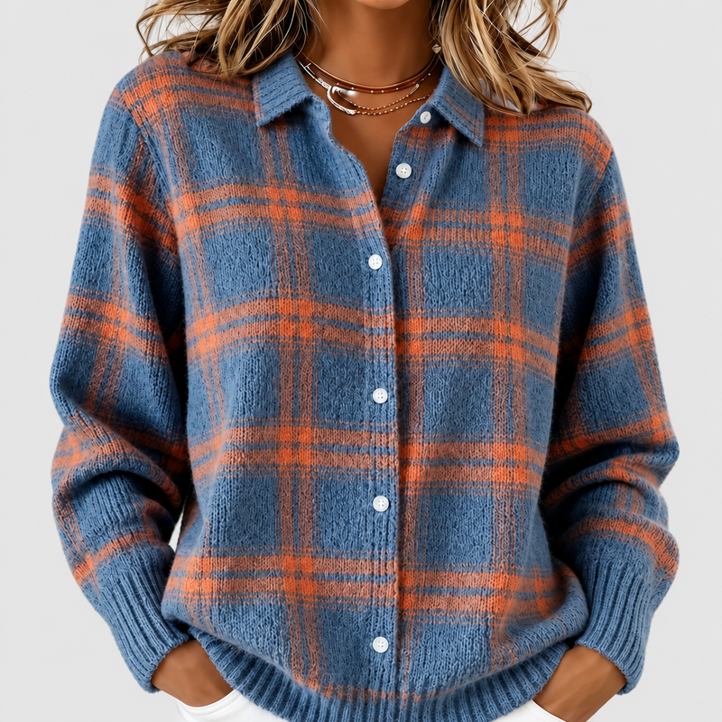 Zara | Warm Blue Checked knitted jacket on a grey background