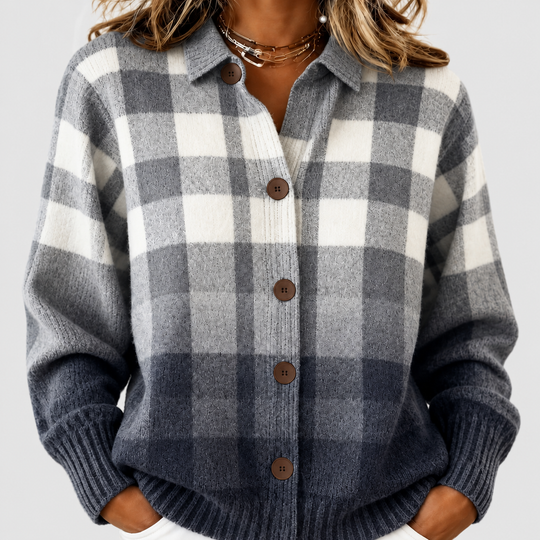 Agnes | Grey Ombré Check knitted jacket with Buttons — grey studio background