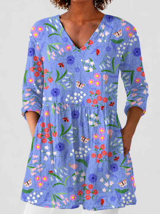 Aline | Soft Blue V-Neck Blouse — grey studio background