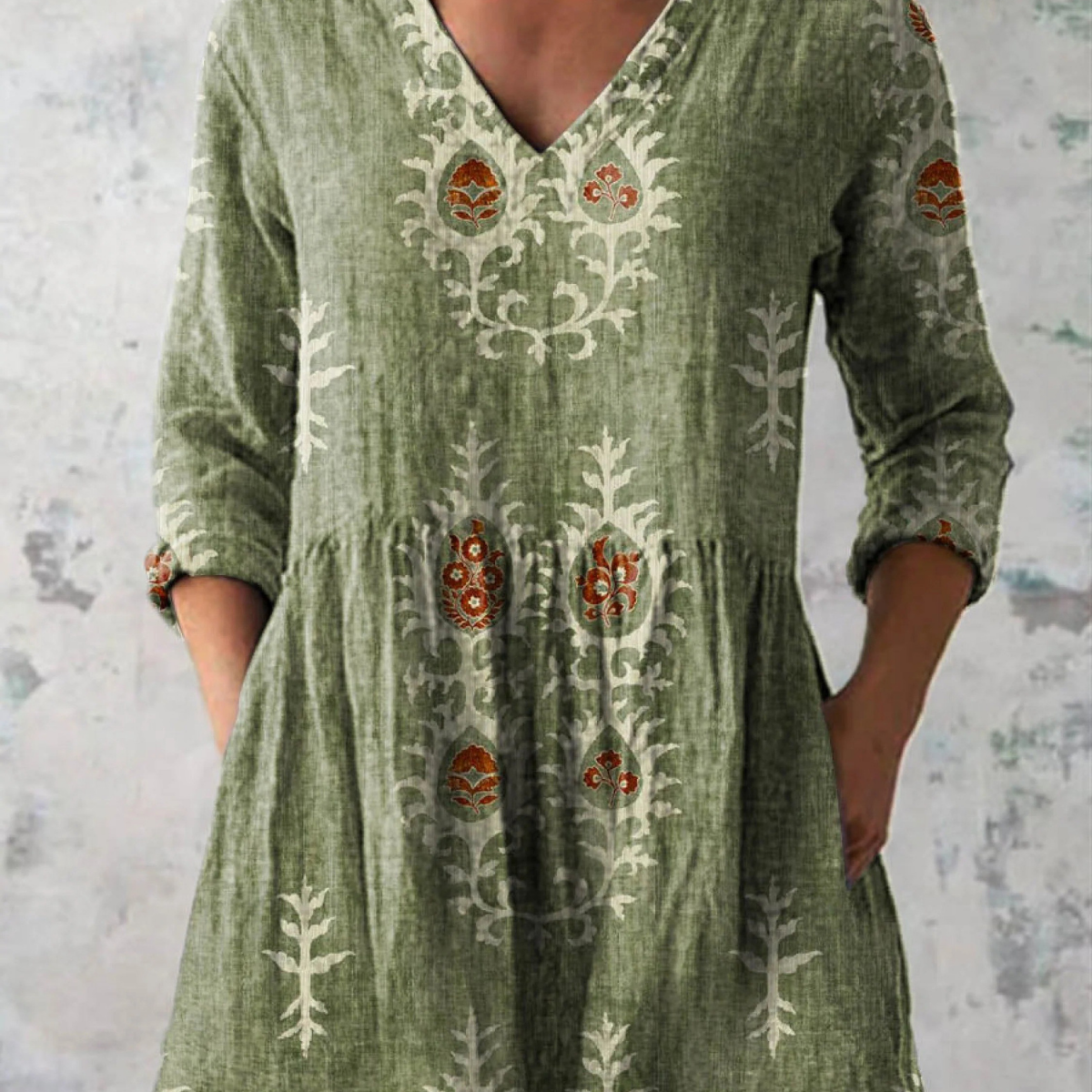 Elise | Soft Green Print V-Neck Blouse