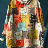 Paula | Casual Women's Blouse with Artistic Cat Print