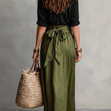 Boho High Waist Linen Maxi Skirt with Tie Waist