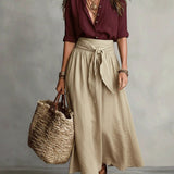 Boho High Waist Linen Maxi Skirt with Tie Waist
