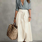 Boho High Waist Linen Maxi Skirt with Tie Waist