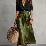 Boho High Waist Linen Maxi Skirt with Tie Waist