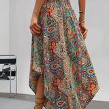 Boho High Waist Maxi Skirt with Paisley Print and Asymmetric Hem