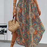 Boho High Waist Maxi Skirt with Paisley Print and Asymmetric Hem