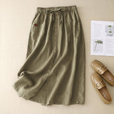 Casual Linen Midi Skirt with Elasticated Waist and Button Front
