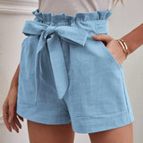 High Waist Shorts with Ruffle Waistband and Tie Belt