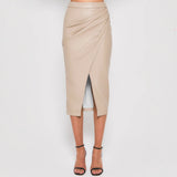 Leather Midi Skirt with Gathered Wrap Front and Split Hem