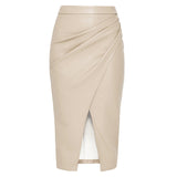 Leather Midi Skirt with Gathered Wrap Front and Split Hem
