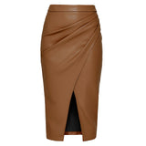 Leather Midi Skirt with Gathered Wrap Front and Split Hem