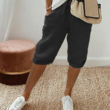 Relaxed Linen Cropped Trousers with Elasticated Waist and Drawstring