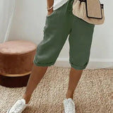 Relaxed Linen Cropped Trousers with Elasticated Waist and Drawstring