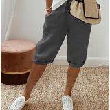 Relaxed Linen Cropped Trousers with Elasticated Waist and Drawstring