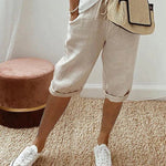 Relaxed Linen Cropped Trousers with Elasticated Waist and Drawstring