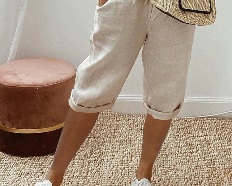Relaxed Linen Cropped Trousers with Elasticated Waist and Drawstring
