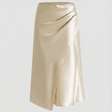 Satin Midi Skirt with Wrap Front and Split Hem
