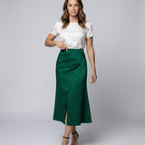 Satin Midi Skirt with Wrap Front and Split Hem
