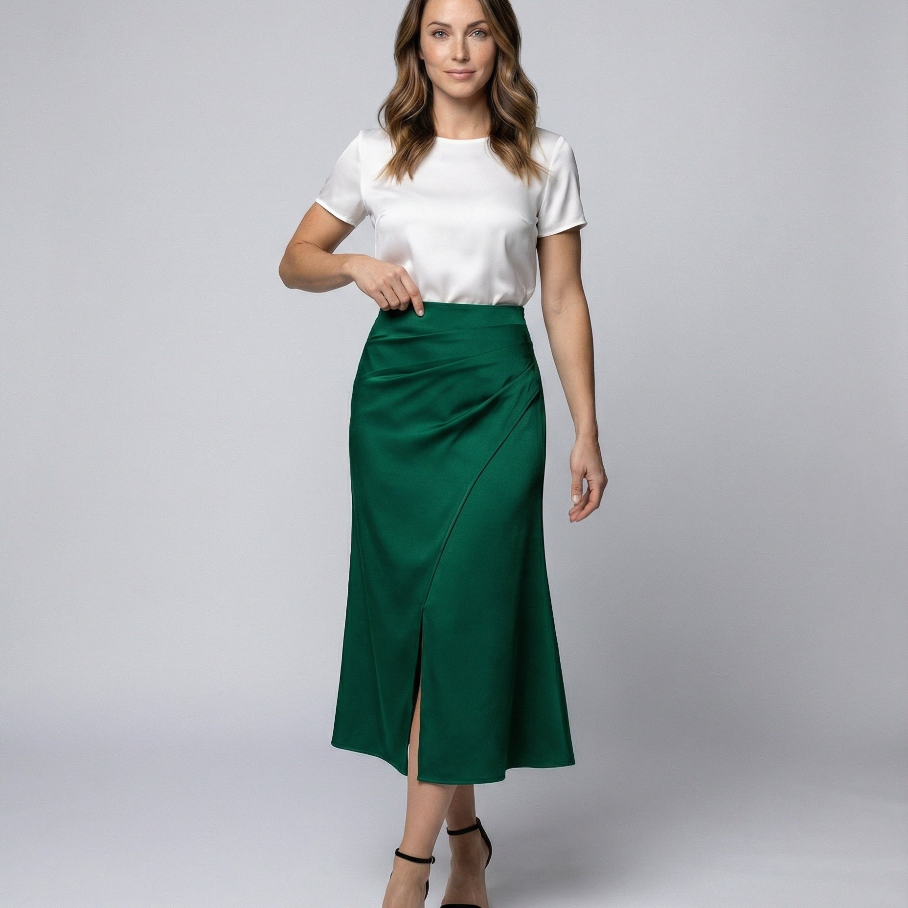 Satin Midi Skirt with Wrap Front and Split Hem