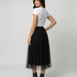 Tulle Midi Skirt with Full Layered A-Line Silhouette and Elasticated Waist