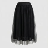 Tulle Midi Skirt with Full Layered A-Line Silhouette and Elasticated Waist