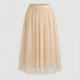Tulle Midi Skirt with Full Layered A-Line Silhouette and Elasticated Waist