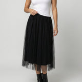 Tulle Midi Skirt with Full Layered A-Line Silhouette and Elasticated Waist
