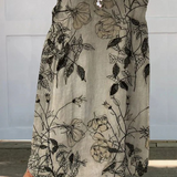 Ladies Retro Floral Art Linen Elastic Waist Skirt with Pockets
