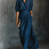 Cielo | Deep Blue Shirt & Draped Maxi Skirt Set