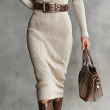 Clara | Belted Funnel-Neck Knitted Dress