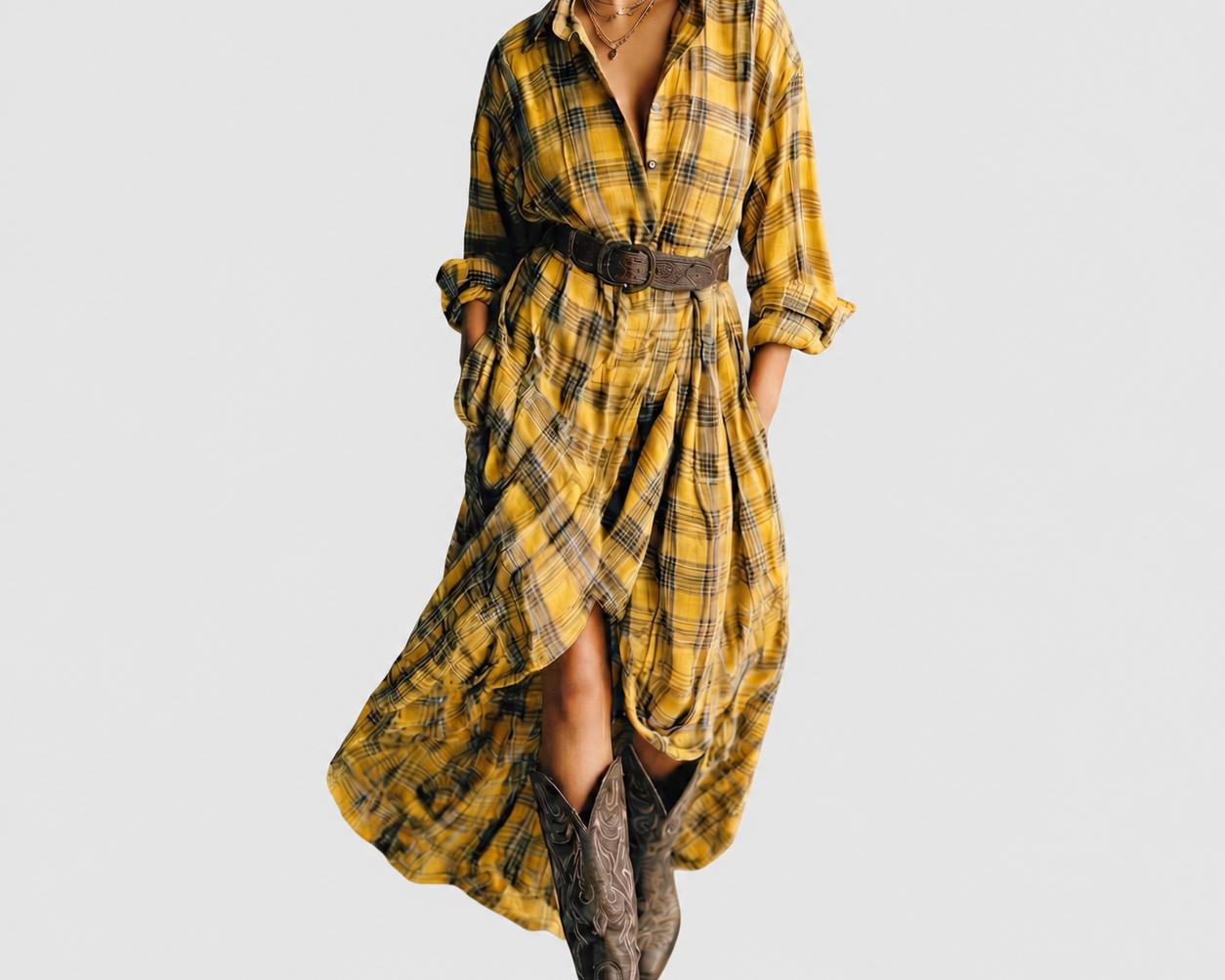 Abril yellow check shirt dress on a neutral grey background