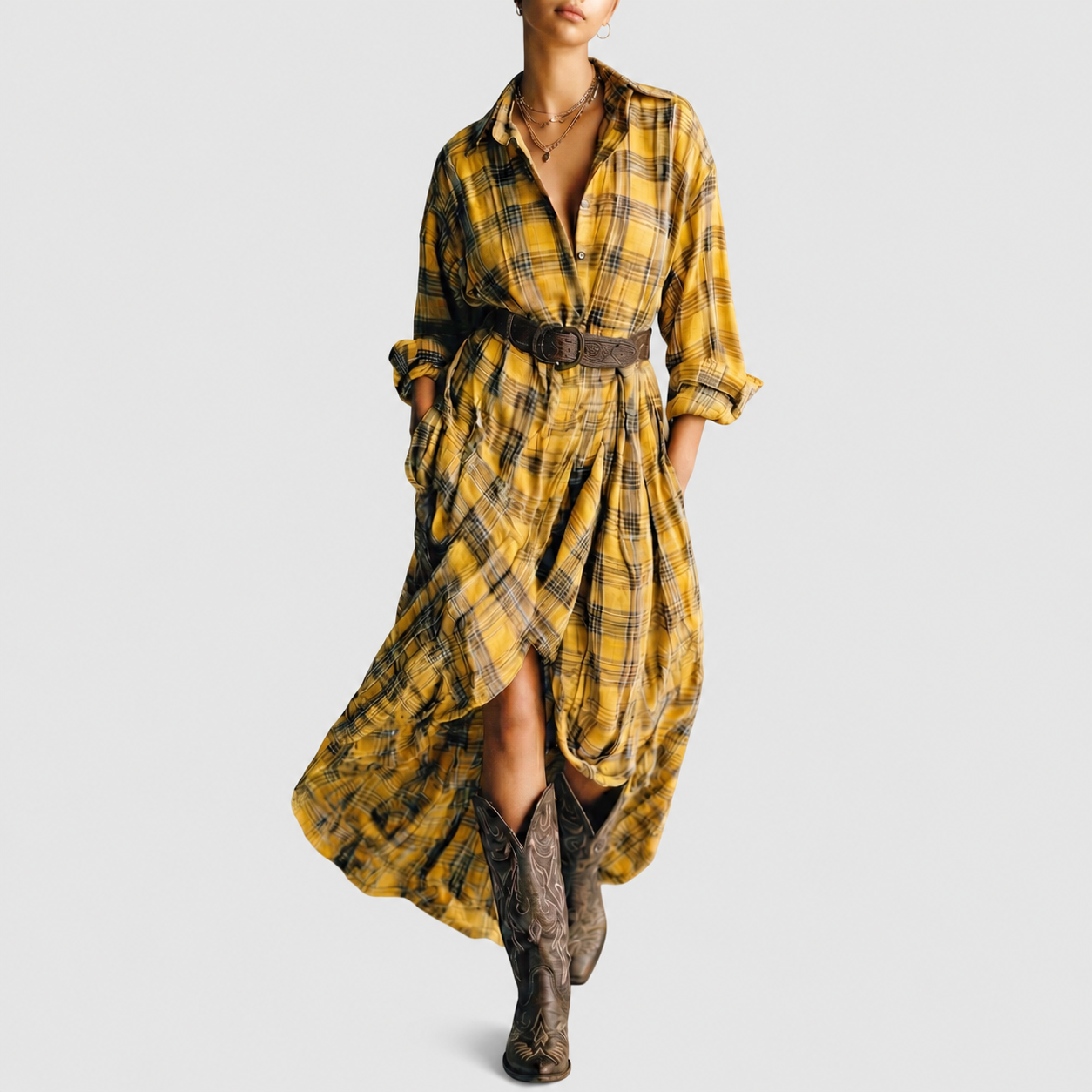 Abril yellow check shirt dress on a neutral grey background