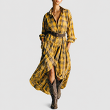Abril yellow check shirt dress on a neutral grey background