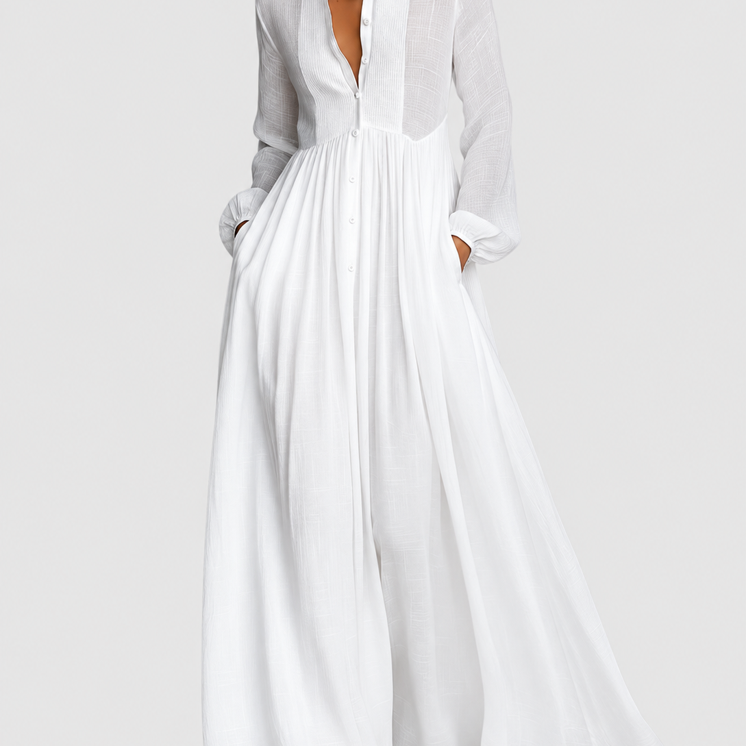 Alisa white maxi dress on a neutral grey background