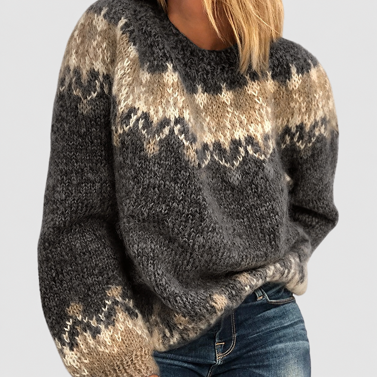 Angela Fair Isle jumper on a neutral grey background