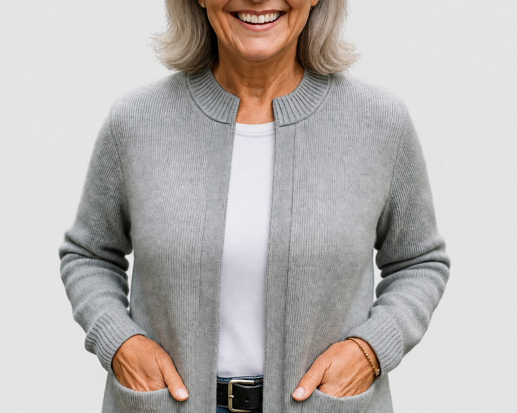 Anna-Lee grey knit cardigan on a neutral grey background