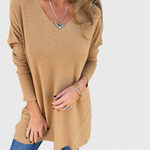 Anya | Soft Drape V-Neck Top - Flattering in all the right places. on a grey background