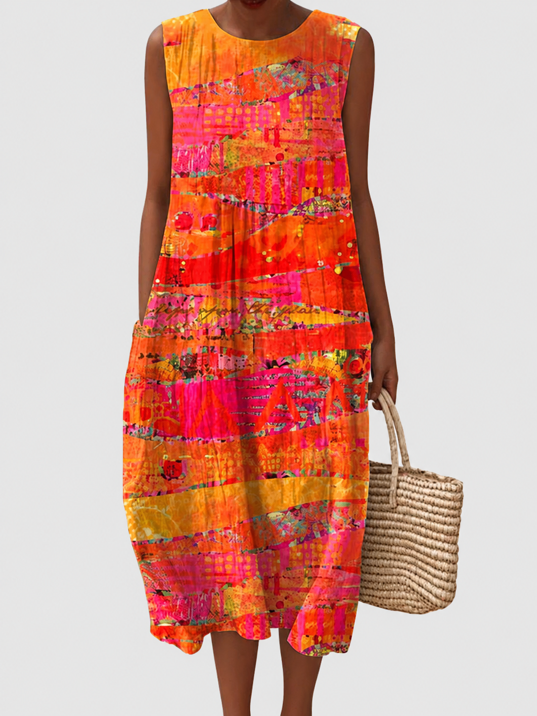 Arabella bright abstract print dress on a neutral grey background