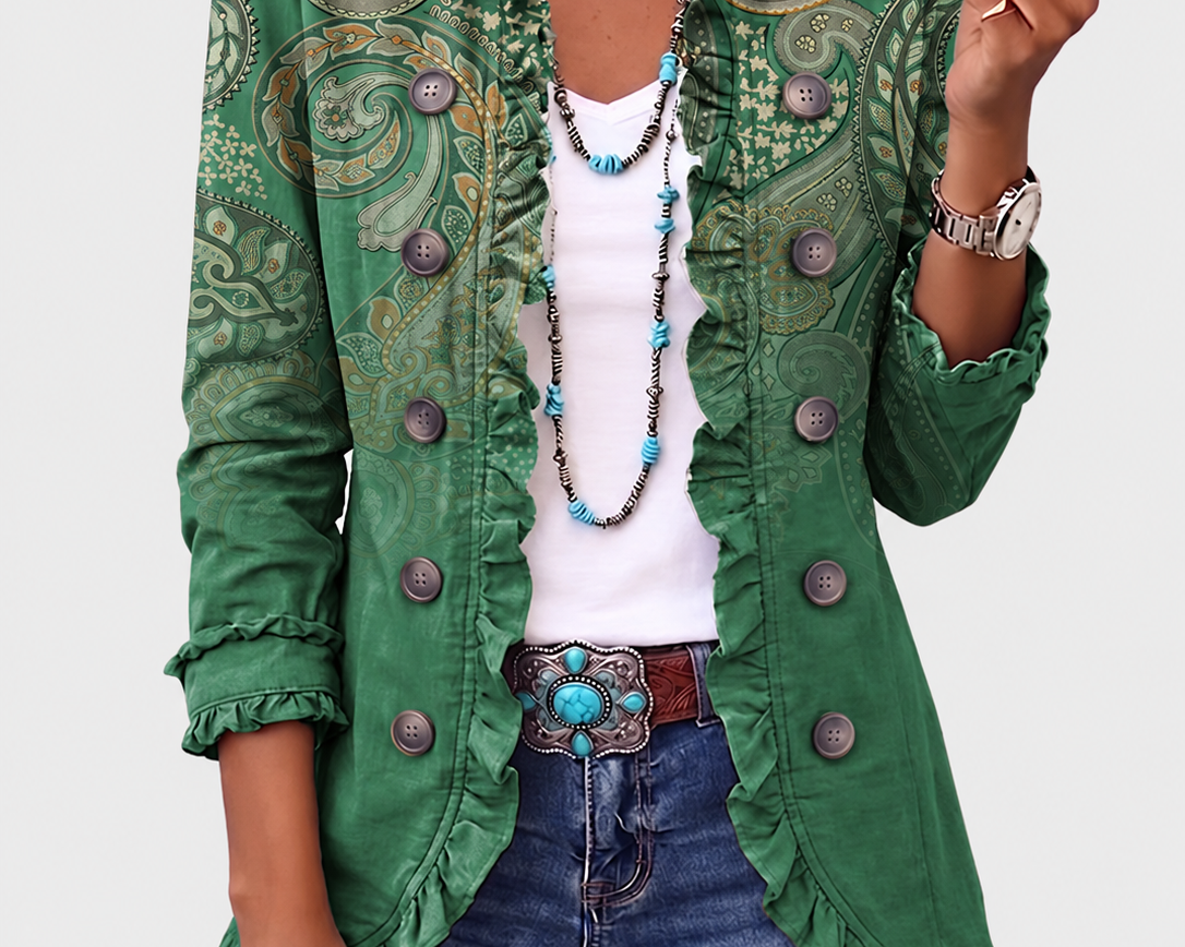 Aria | Green Paisley Ruffle Jacket on a grey background