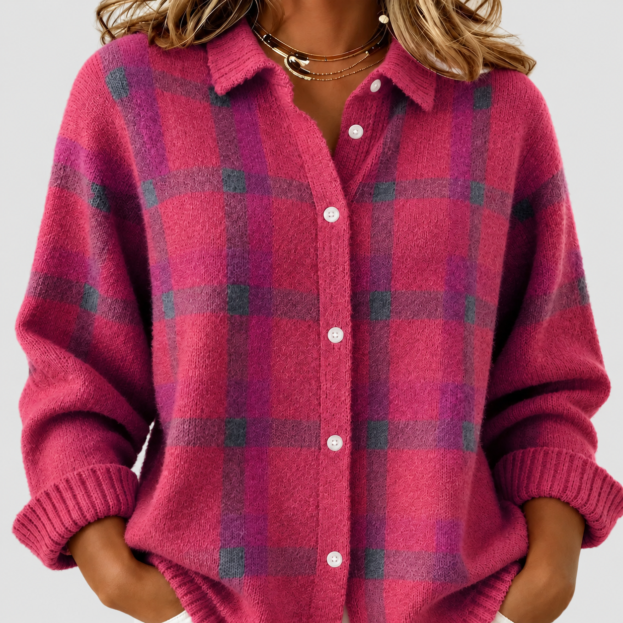 Ashley | Classic Checked knitted jacket with Collar on a light grey background