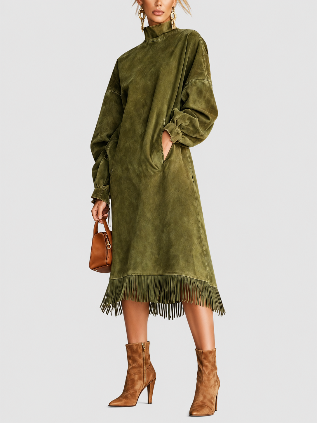 Juniper green fringe dress on a neutral grey background
