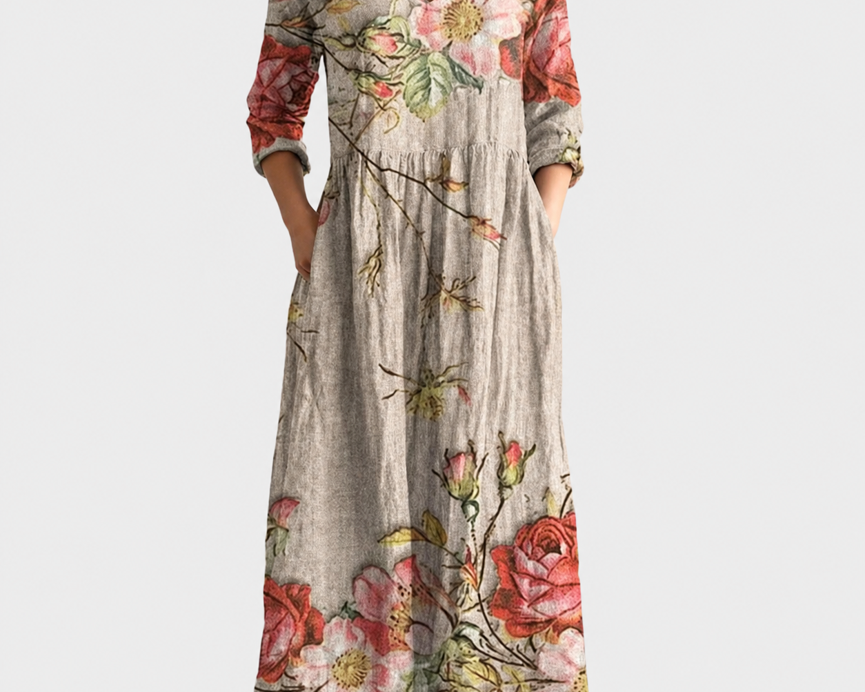 Bella floral maxi dress on a neutral grey background