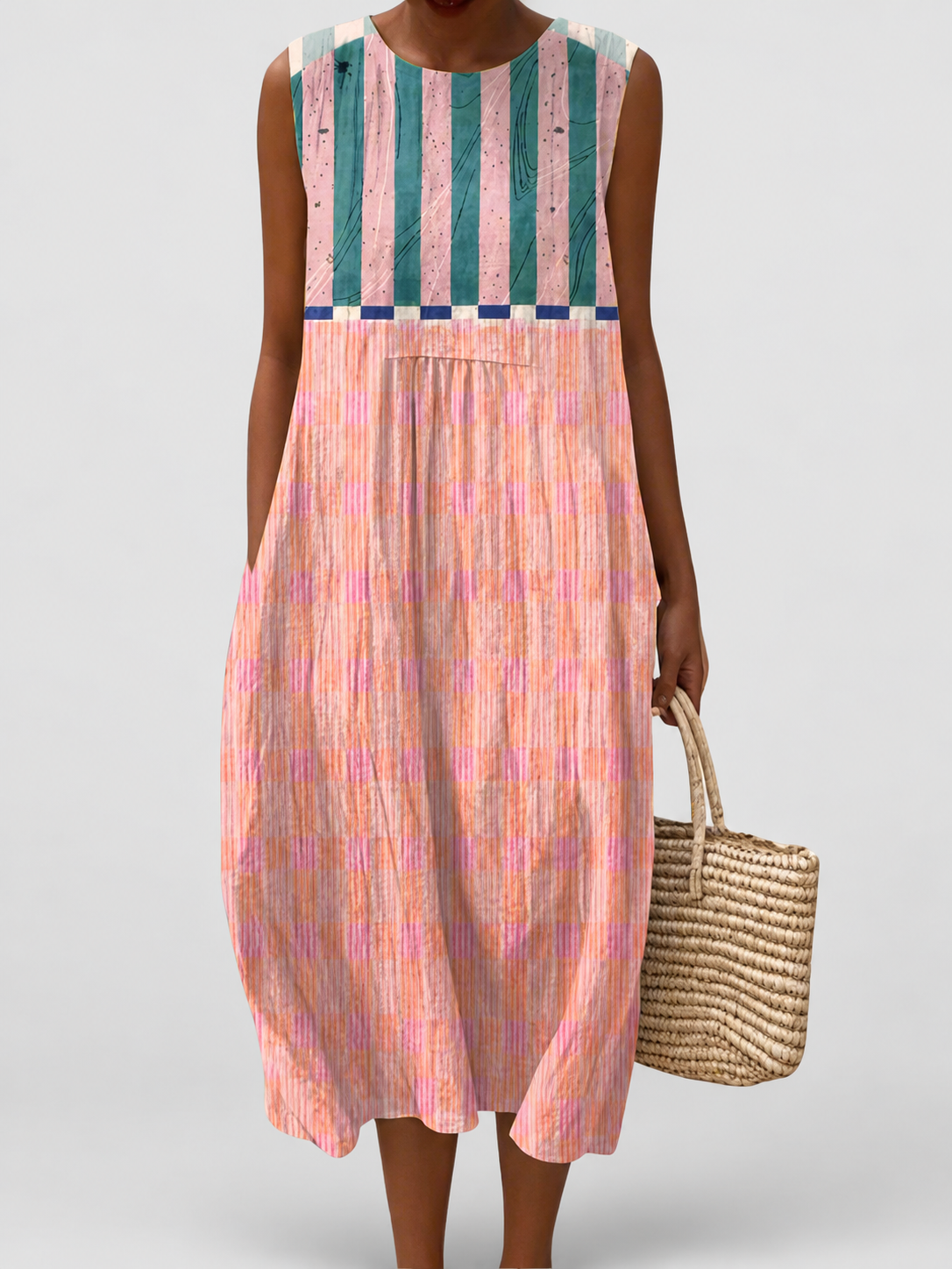 Blythe | Striped Pastel Midi Dress on a neutral light grey background