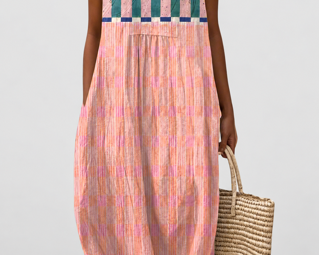 Blythe | Striped Pastel Midi Dress on a neutral light grey background