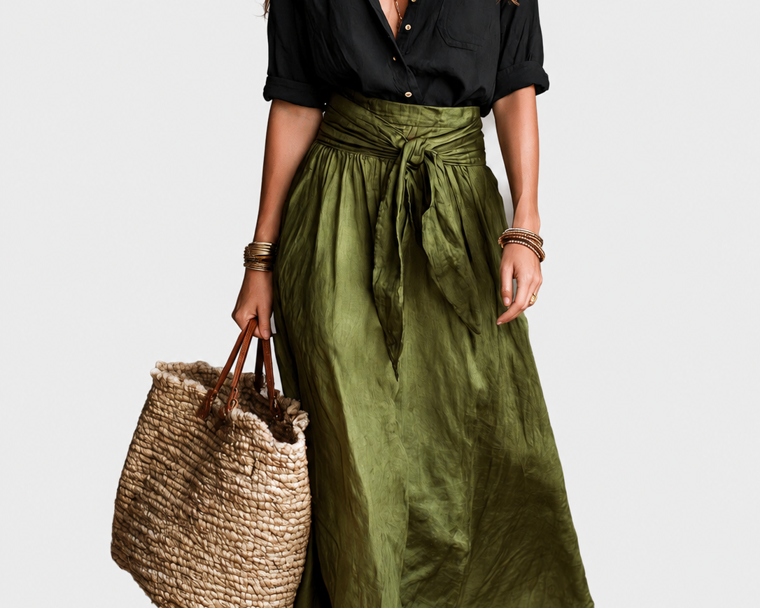 Green tie waist maxi skirt on a neutral grey background