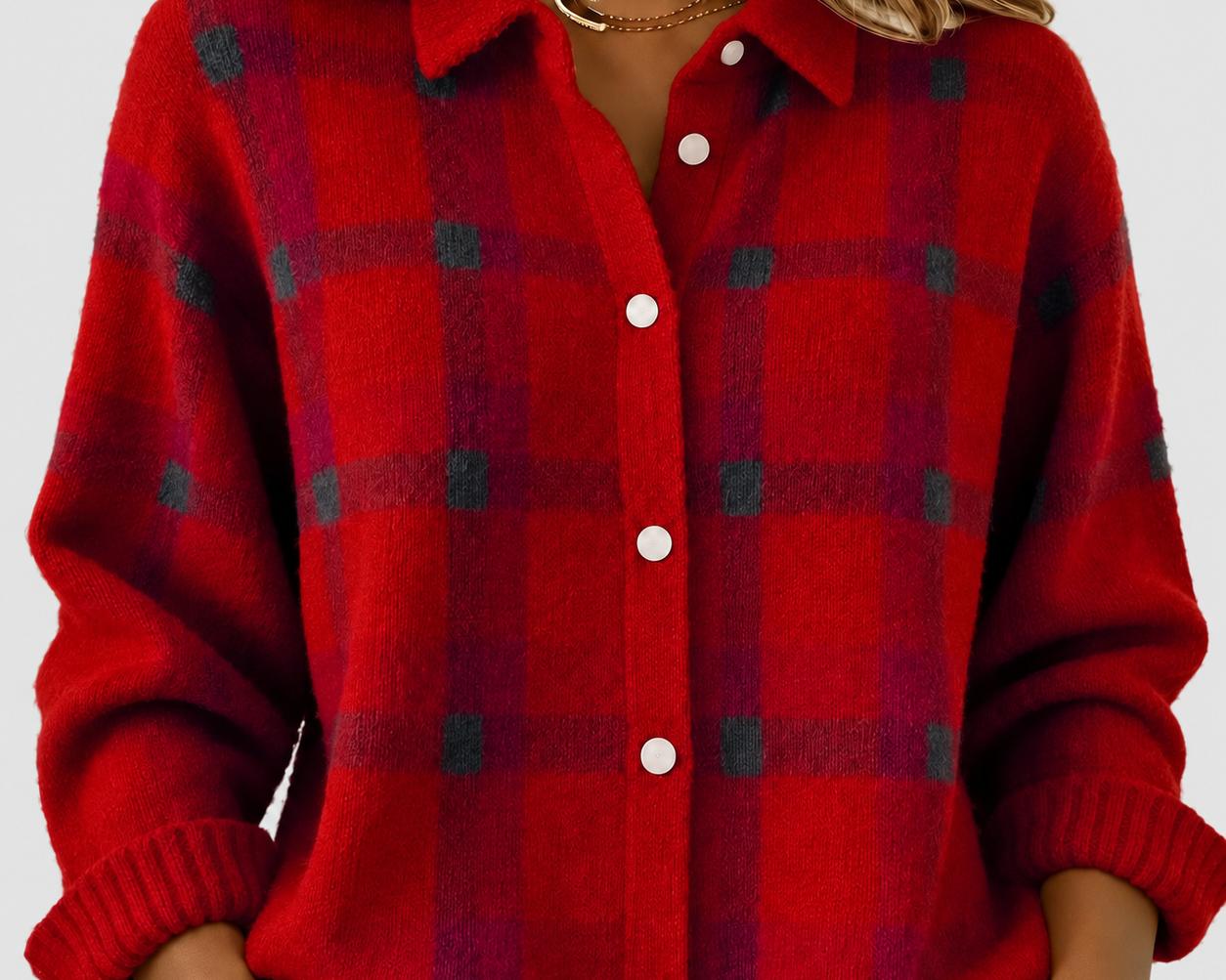 Brittany red checked knitted jacket on a neutral grey background