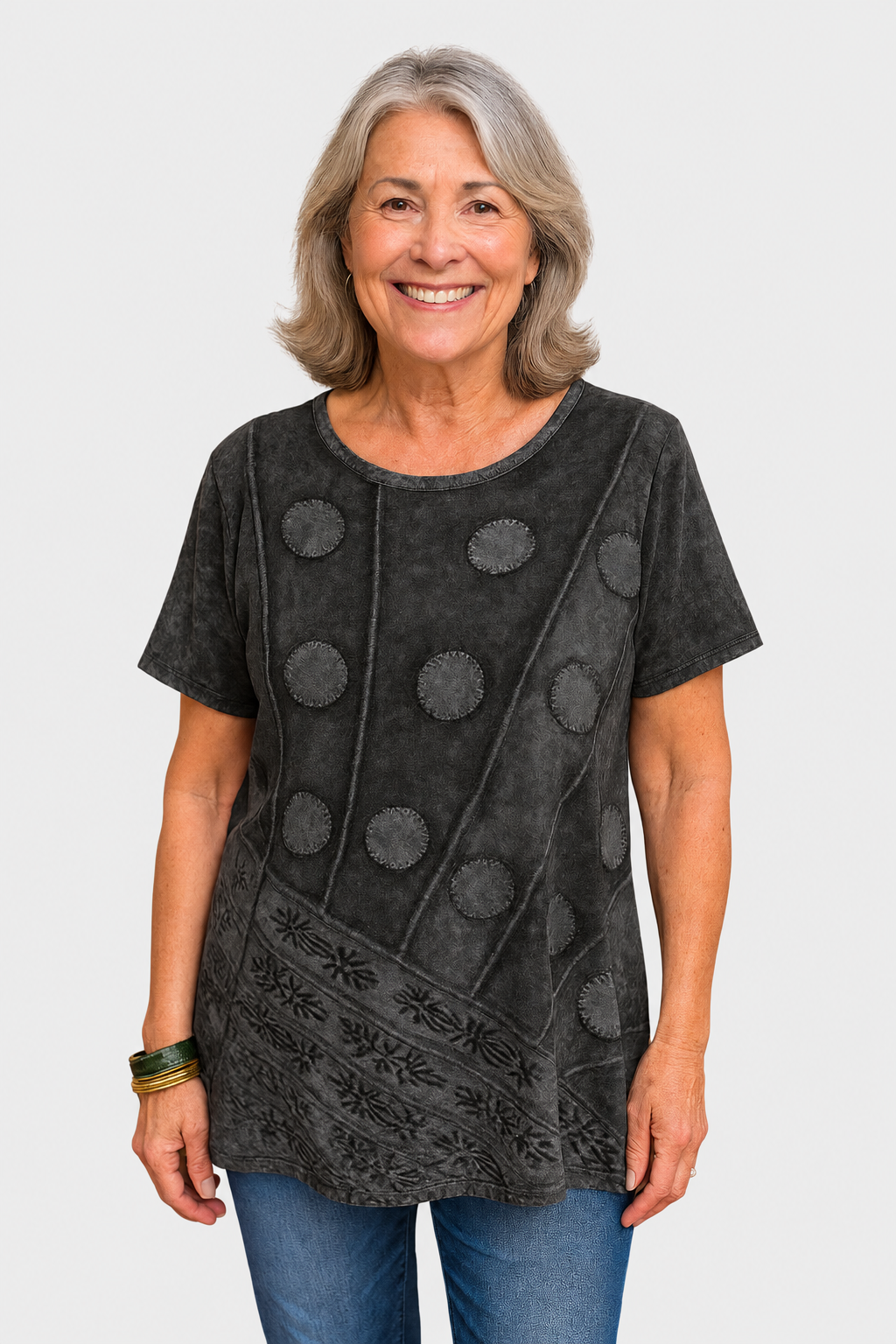Calla grey patchwork top on a neutral grey background