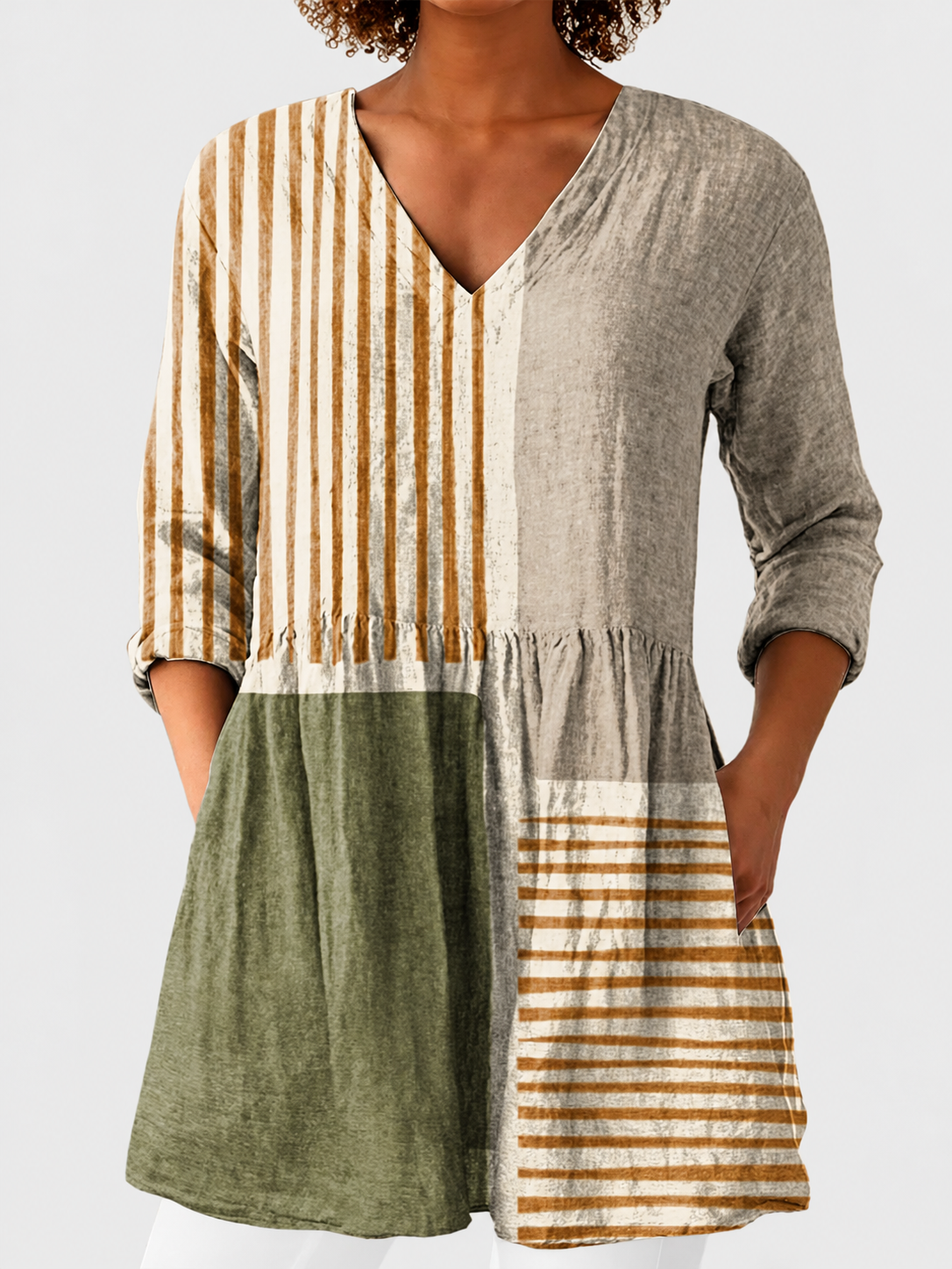 Camille | Neutral Stripe V-Neck Blouse on a neutral light grey background