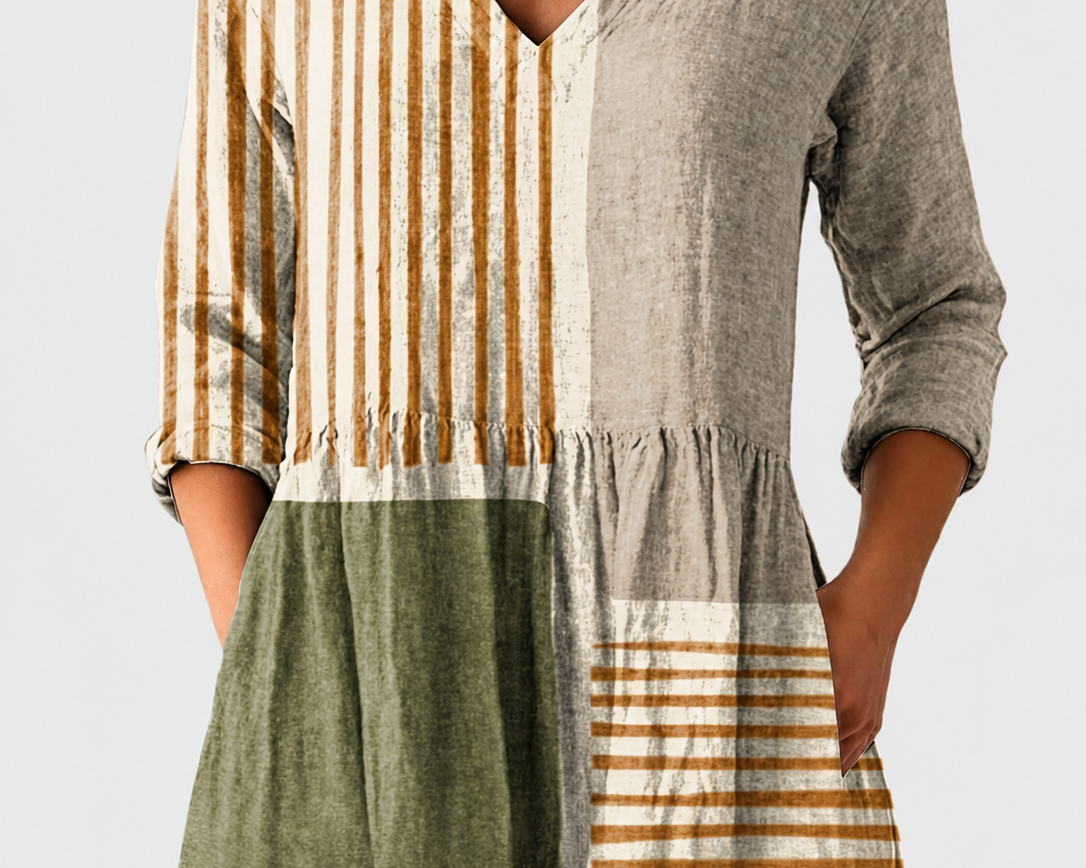 Camille | Neutral Stripe V-Neck Blouse on a neutral light grey background